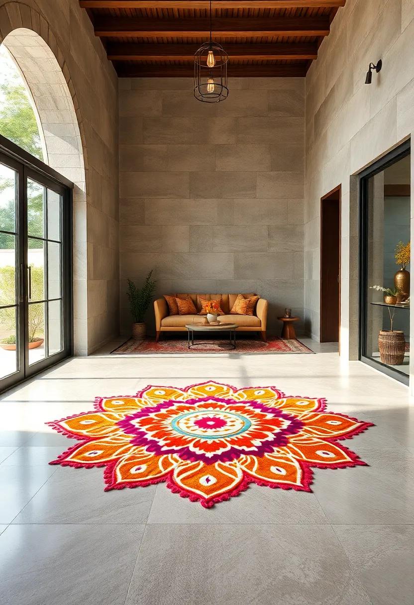 Conch Shell Rangoli: Symbolizing auspiciousness, the conch shell design adds a sacred touch‍ to the entrance