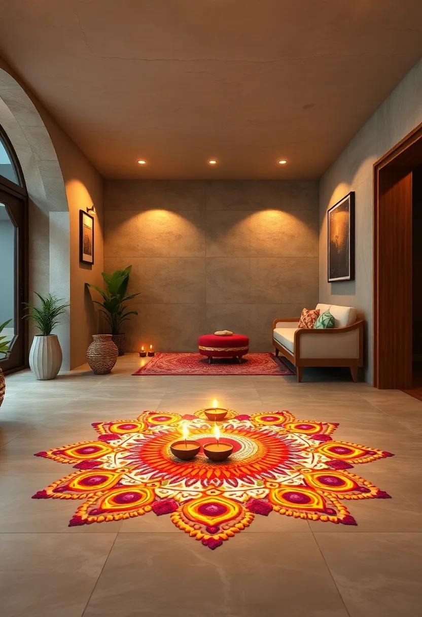 Diya Rangoli:​ Illustrate glowing oil lamps within the rangoli, symbolizing‌ light and positivity⁣ at ‌your doorstep