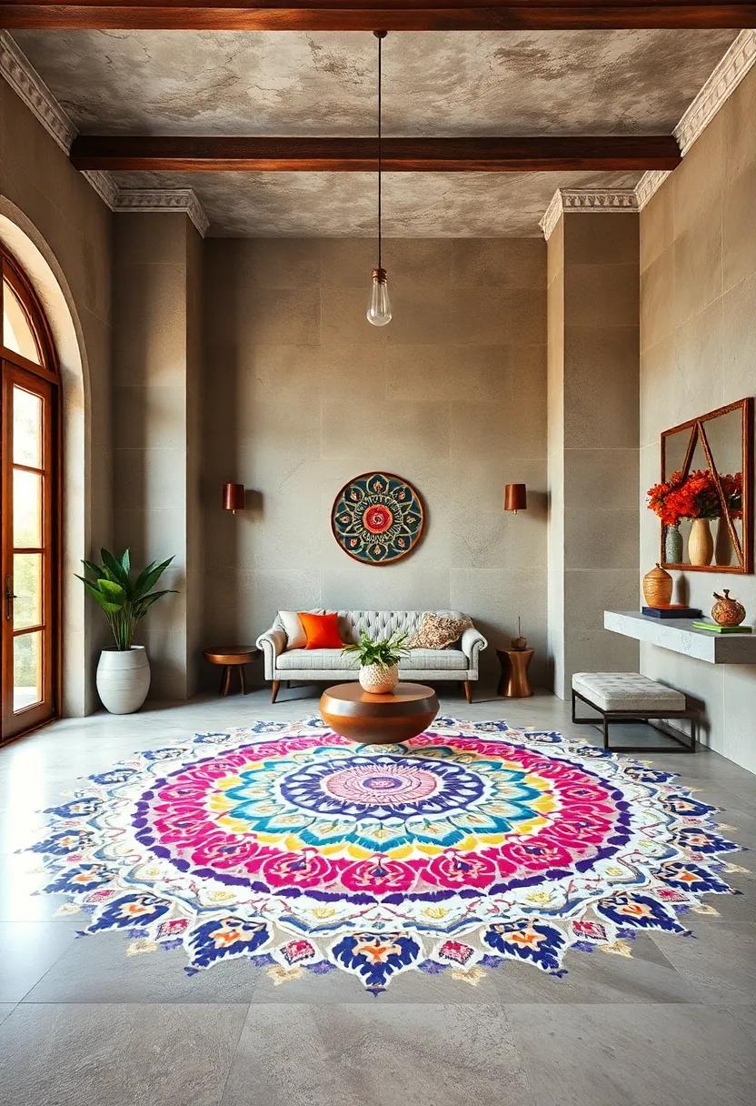 Mandala Rangoli: ⁤Complex circular motifs that radiate from a central point, representing wholeness and unity