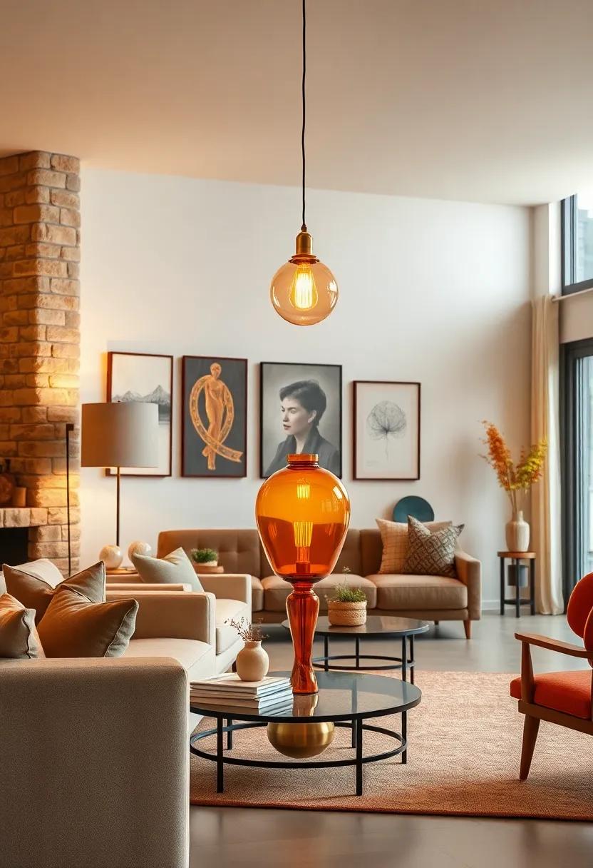 Retro Amber Glass Table Lamp - Warm-toned glass shades and streamlined bases evoke a​ cozy 1970s living room ambiance