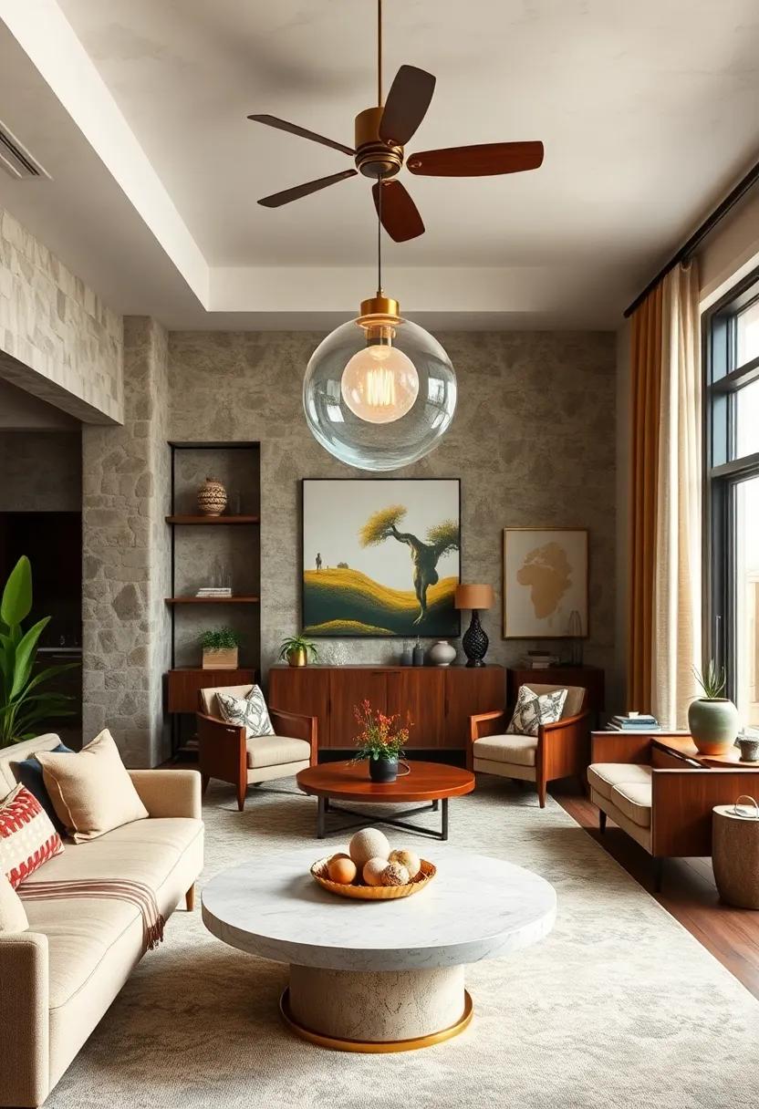 Globe Pendant with Brass Accents‍ - Spherical glass shades paired with ‍brass ‍detailing recall the optimism of mid-century design