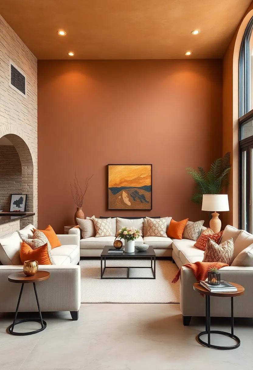 Embrace the warmth of sienna brown walls paired with ivory furniture for a timeless living room atmosphere