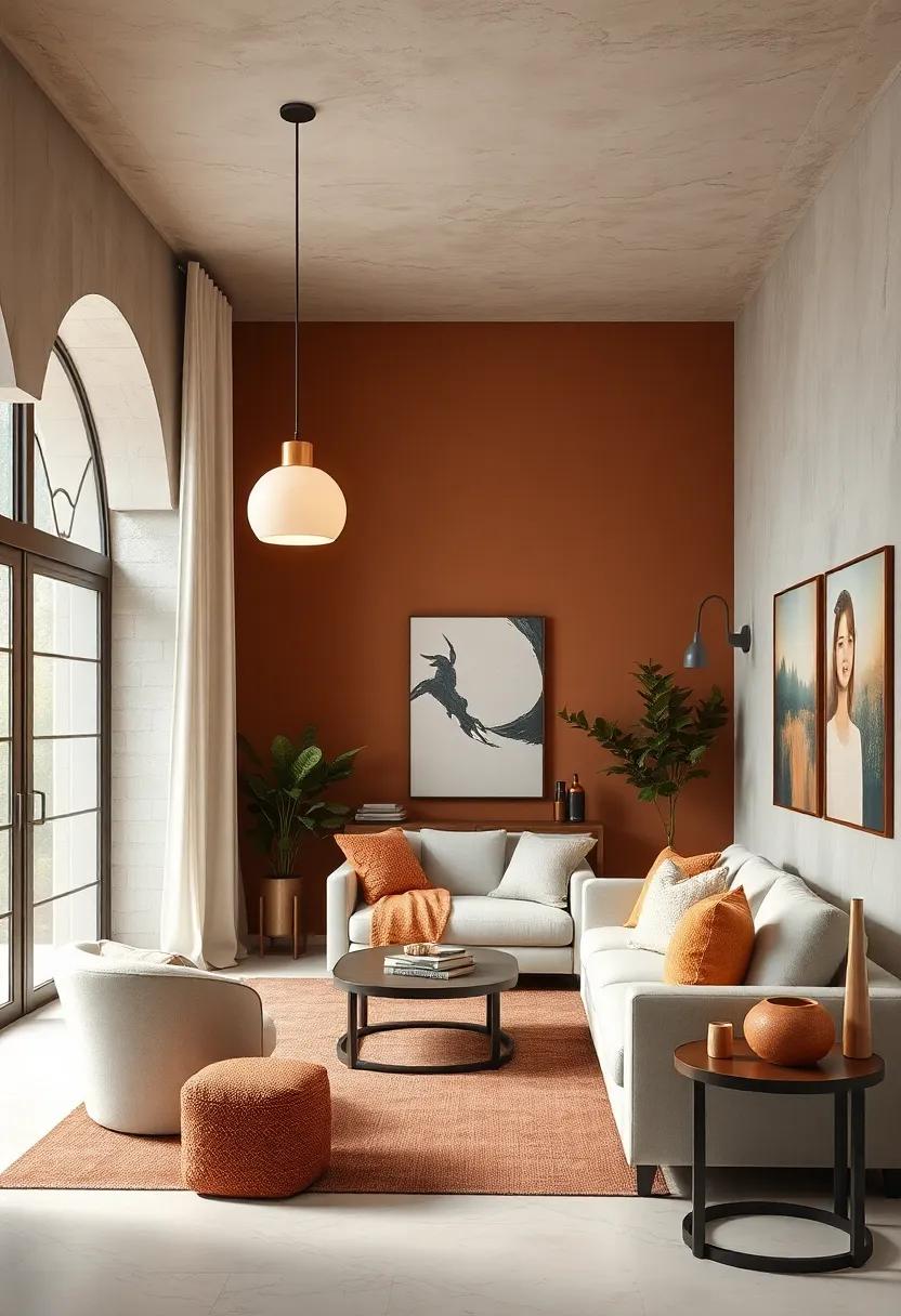 Incorporate ivory pendant lights against sienna brown walls for a modern cozy lighting effect