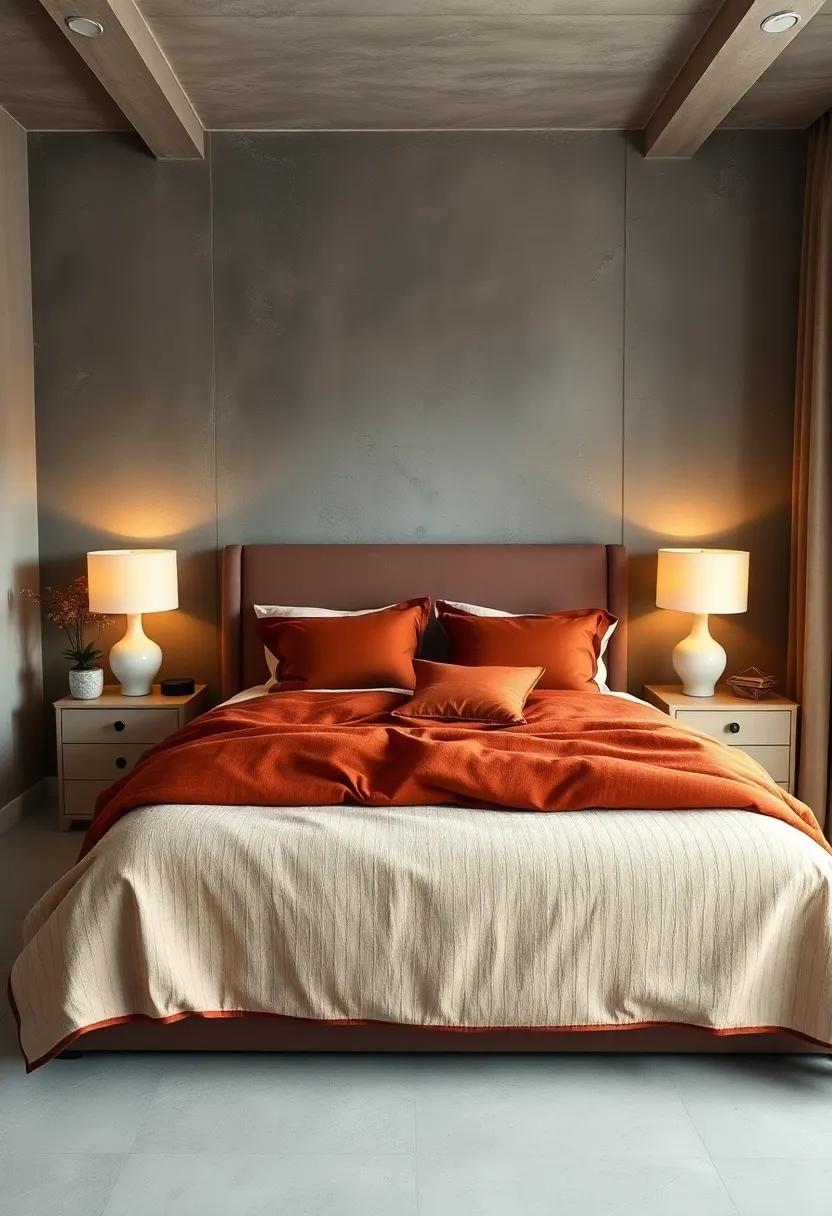 Add warmth to a bedroom by pairing sienna brown bedding with ivory bedside lamps and decor