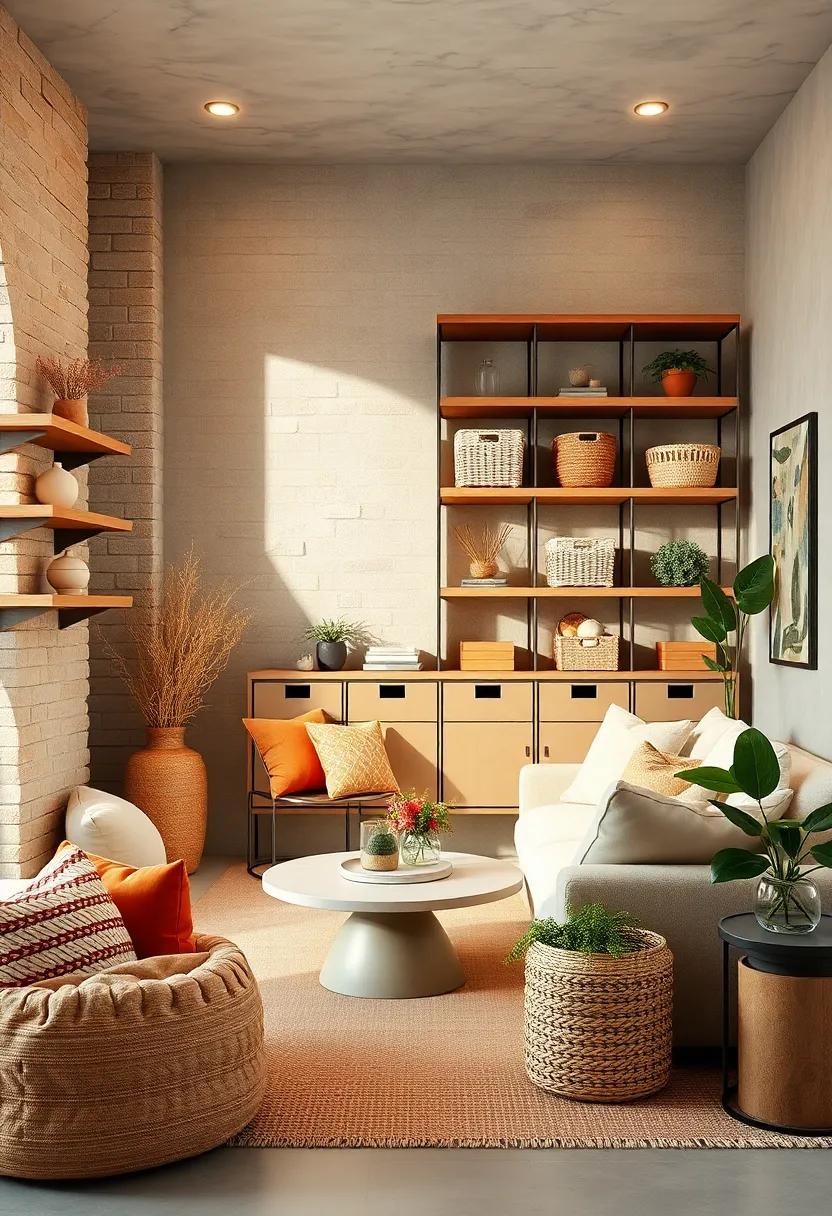Integrate sienna brown shelving with ivory storage baskets for functional and stylish organization