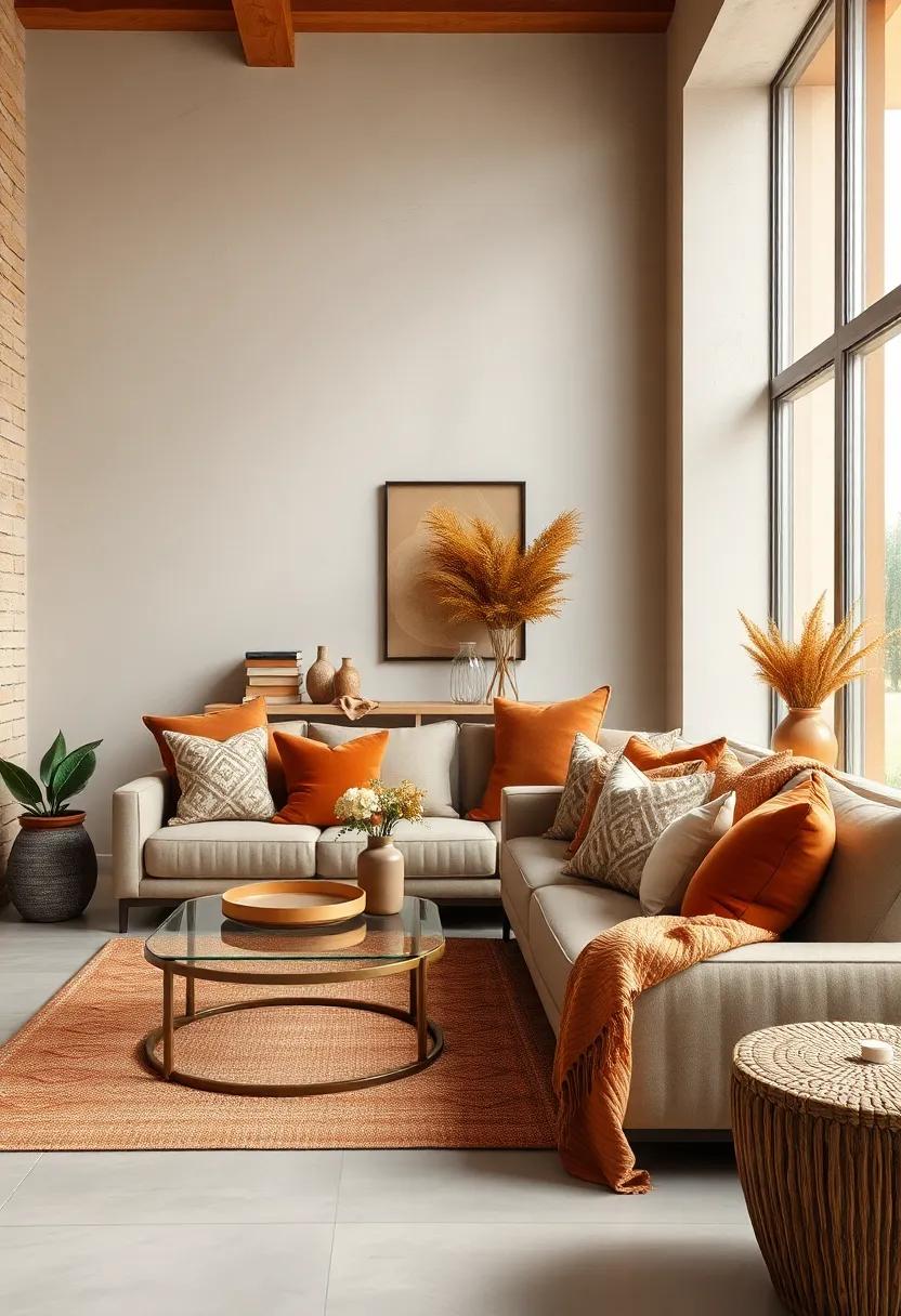 Layer sienna brown and ivory throw pillows on seating to create visual interest and comfort