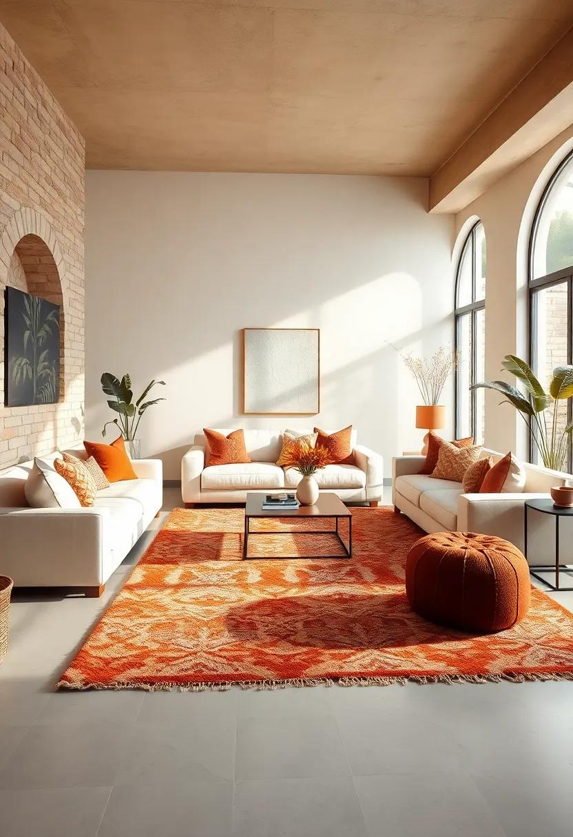 Combine sienna brown area rugs with ivory sofas to add texture and comfort to your living space