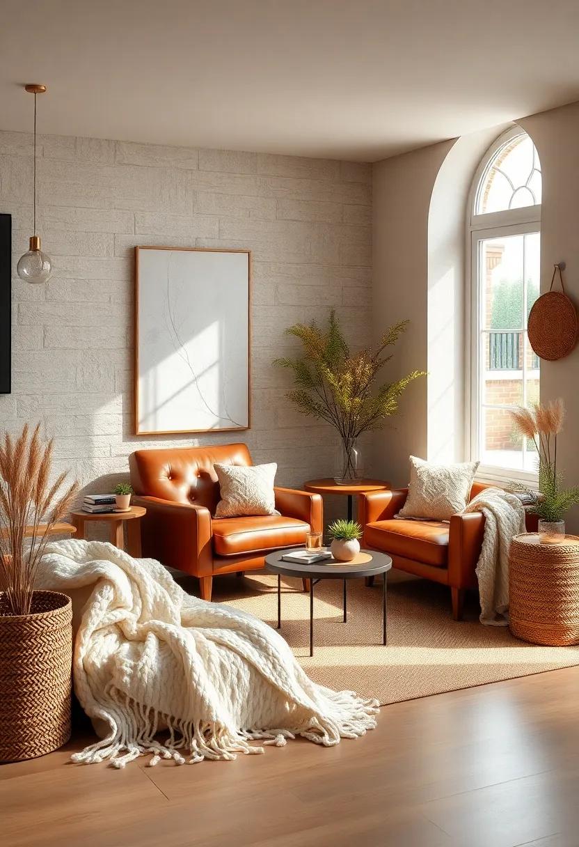 Create a cozy reading nook using a sienna leather armchair and ivory knit throw blankets