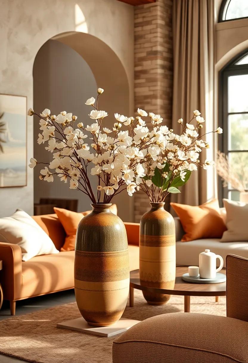 Decorate with sienna brown vases filled with ivory flowers to bring natural warmth indoors