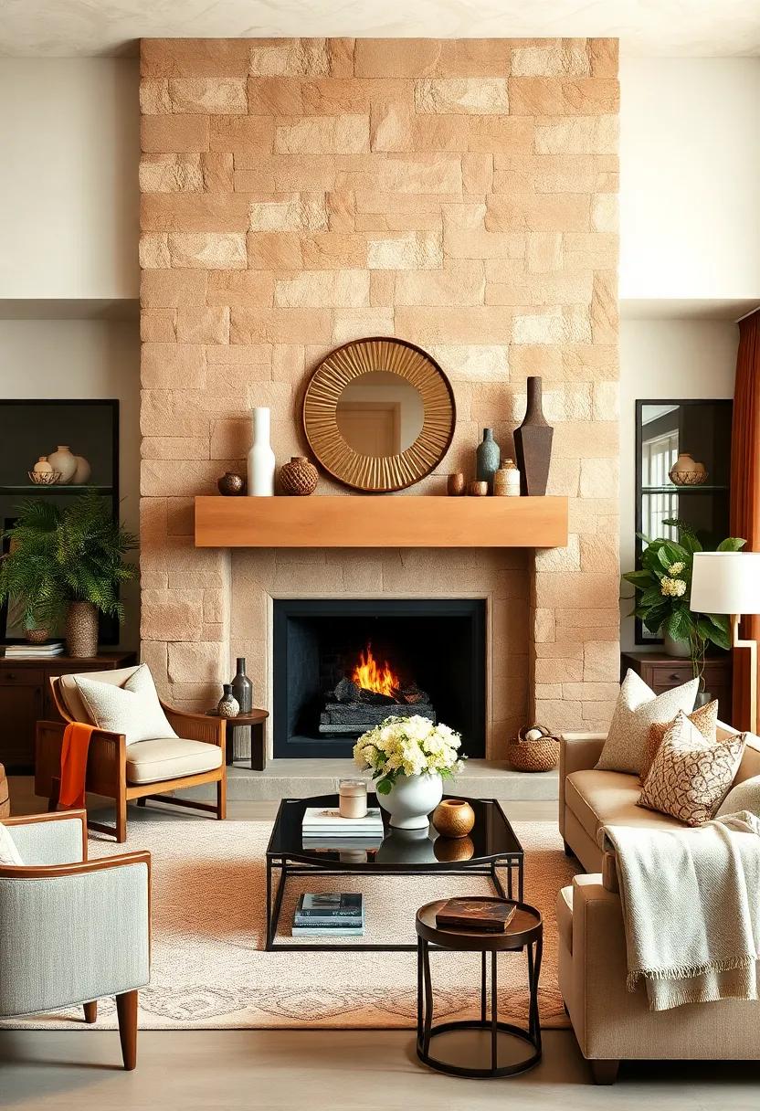 Use a sienna brown fireplace surround complemented by ivory mantel decor for a focal point