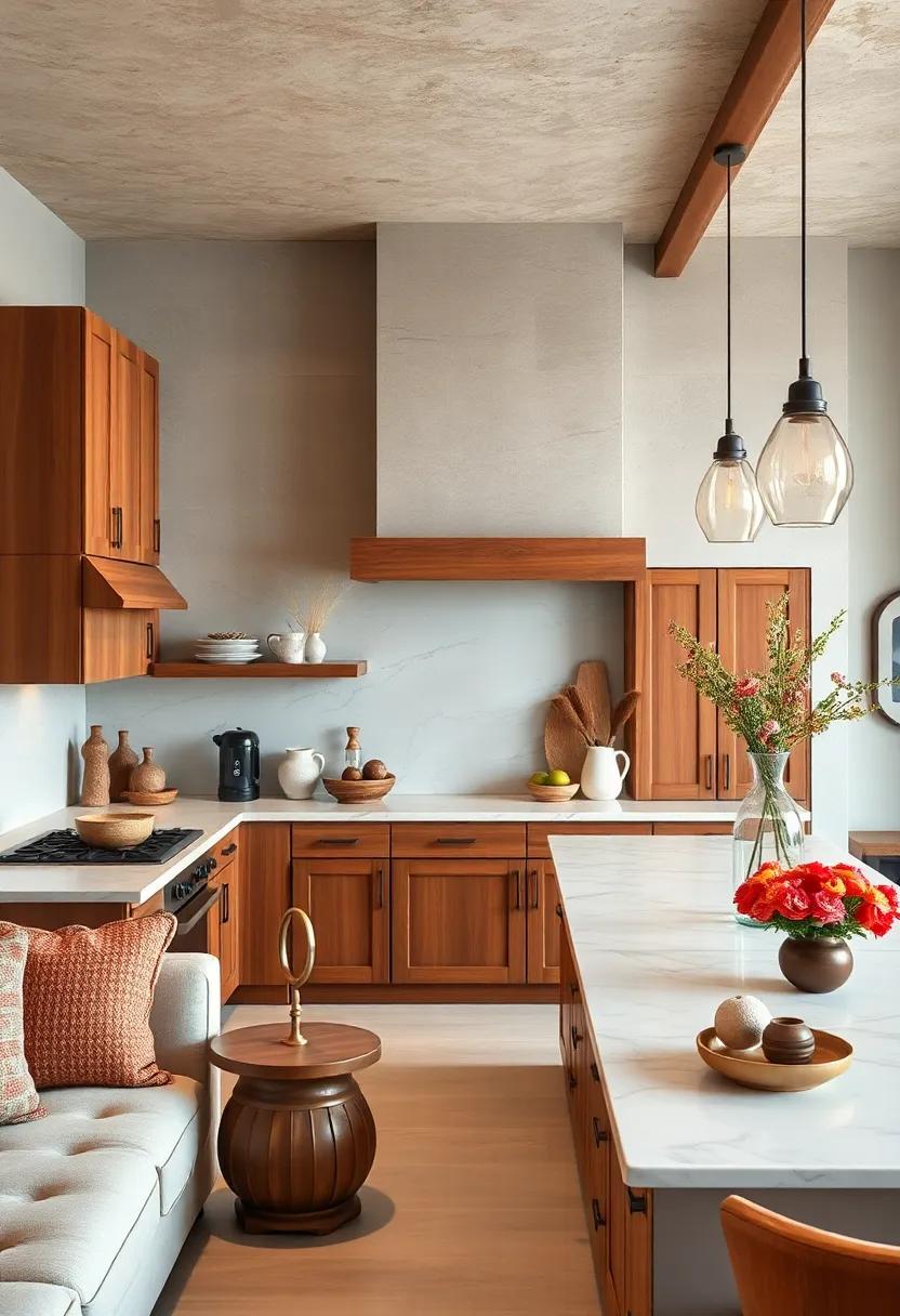 Incorporate sienna brown cabinetry with ivory marble countertops in a rustic kitchen setting