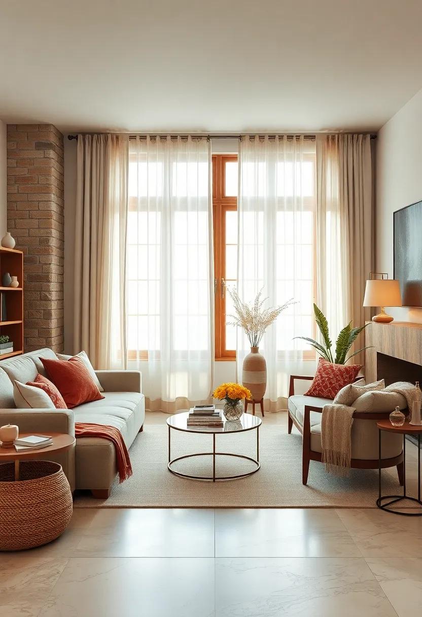 Use ivory curtains against sienna brown wooden window frames to balance light and depth