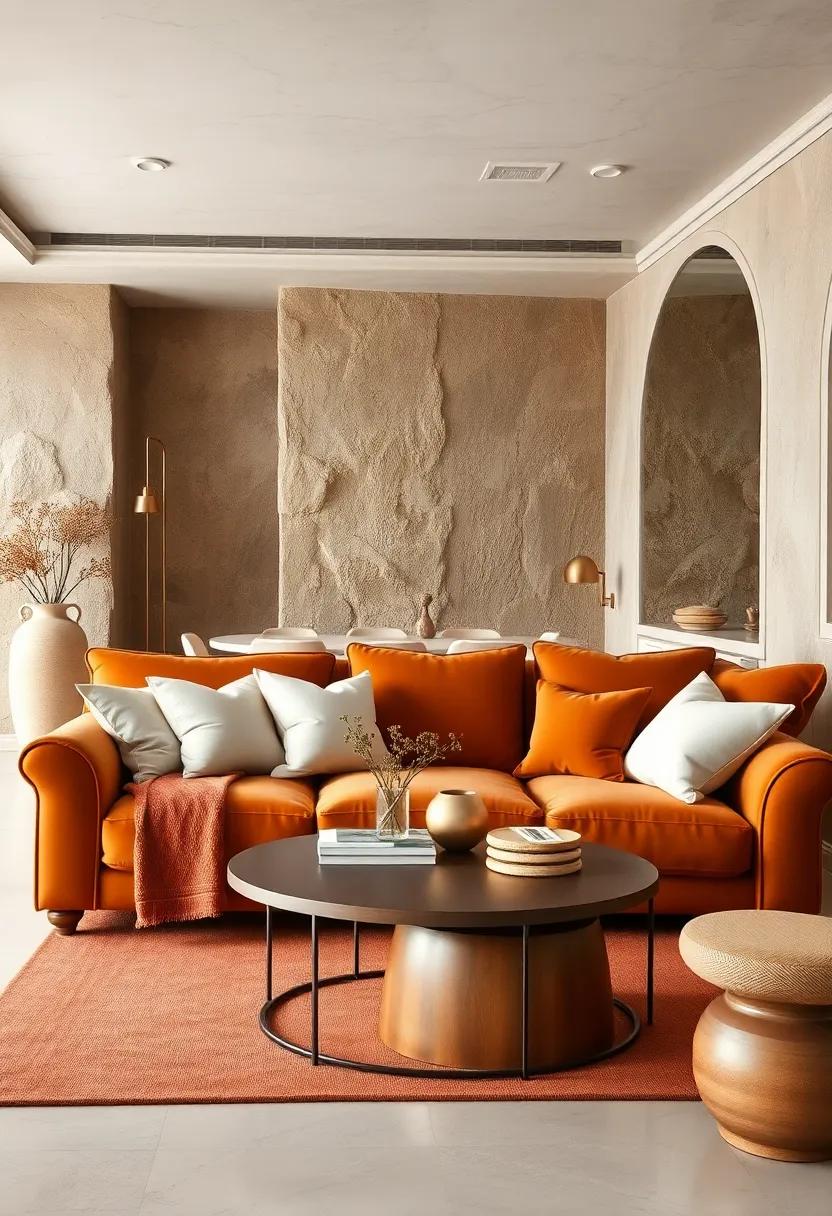 Layer ivory cushions on a sienna-toned velvet sofa for a luxe yet inviting feel