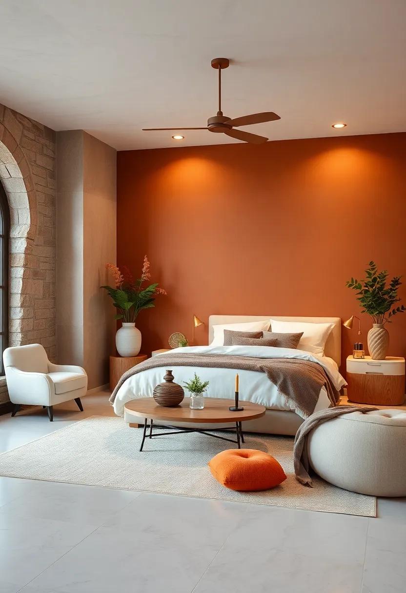 Use ivory rugs and sienna brown walls to create a serene yet warm bedroom sanctuary