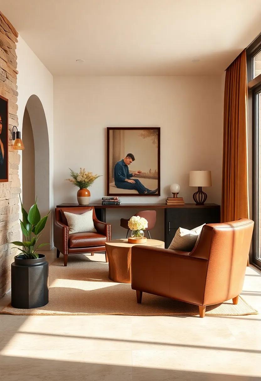 Balance sienna brown leather chairs with ivory painted walls in a stylish home office