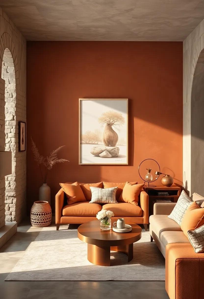 Feature sienna brown accent walls with ivory wall art for a subtle artistic touch