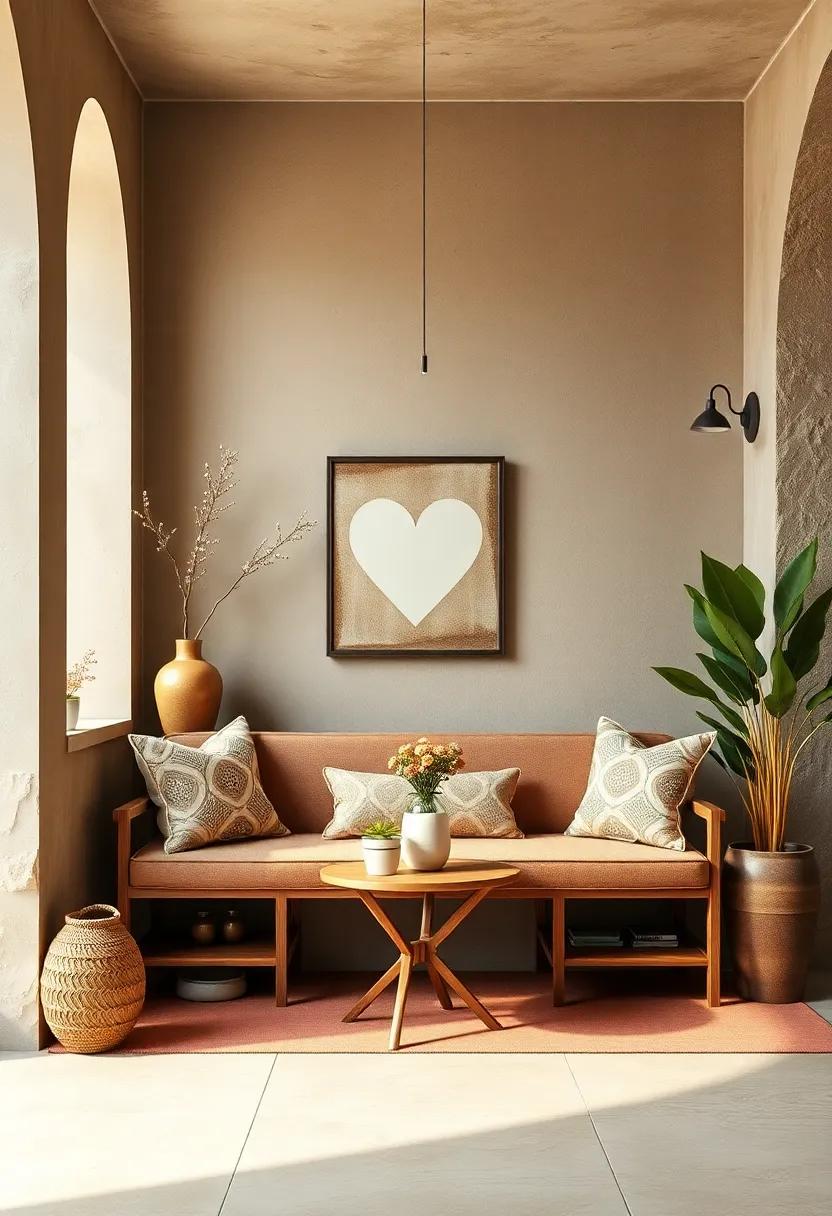 Craft an inviting entryway by blending sienna brown benches with ivory patterned cushions