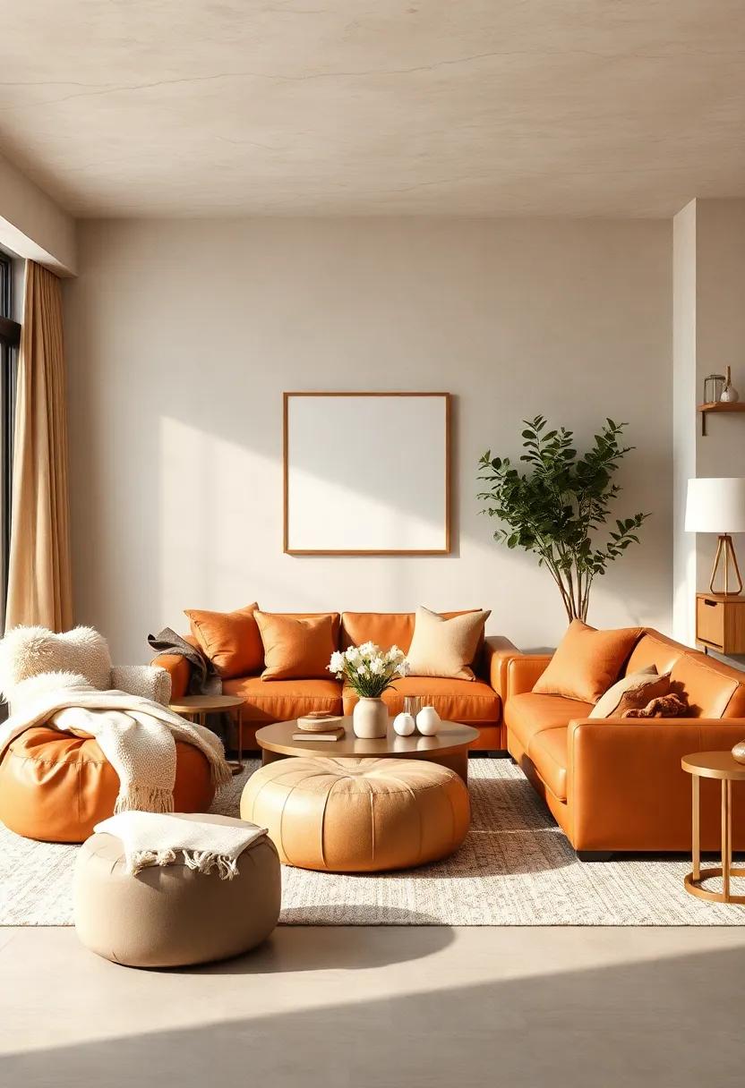 Mix sienna brown leather poufs with ivory wool throws in a casual family room