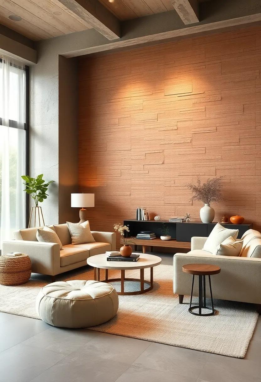 Combine sienna brown textured wallpaper with ivory rugs and furniture for an inviting layered look
