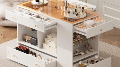 Our Review: Stylish Walk-In Closet Island with Glass Top & Storage