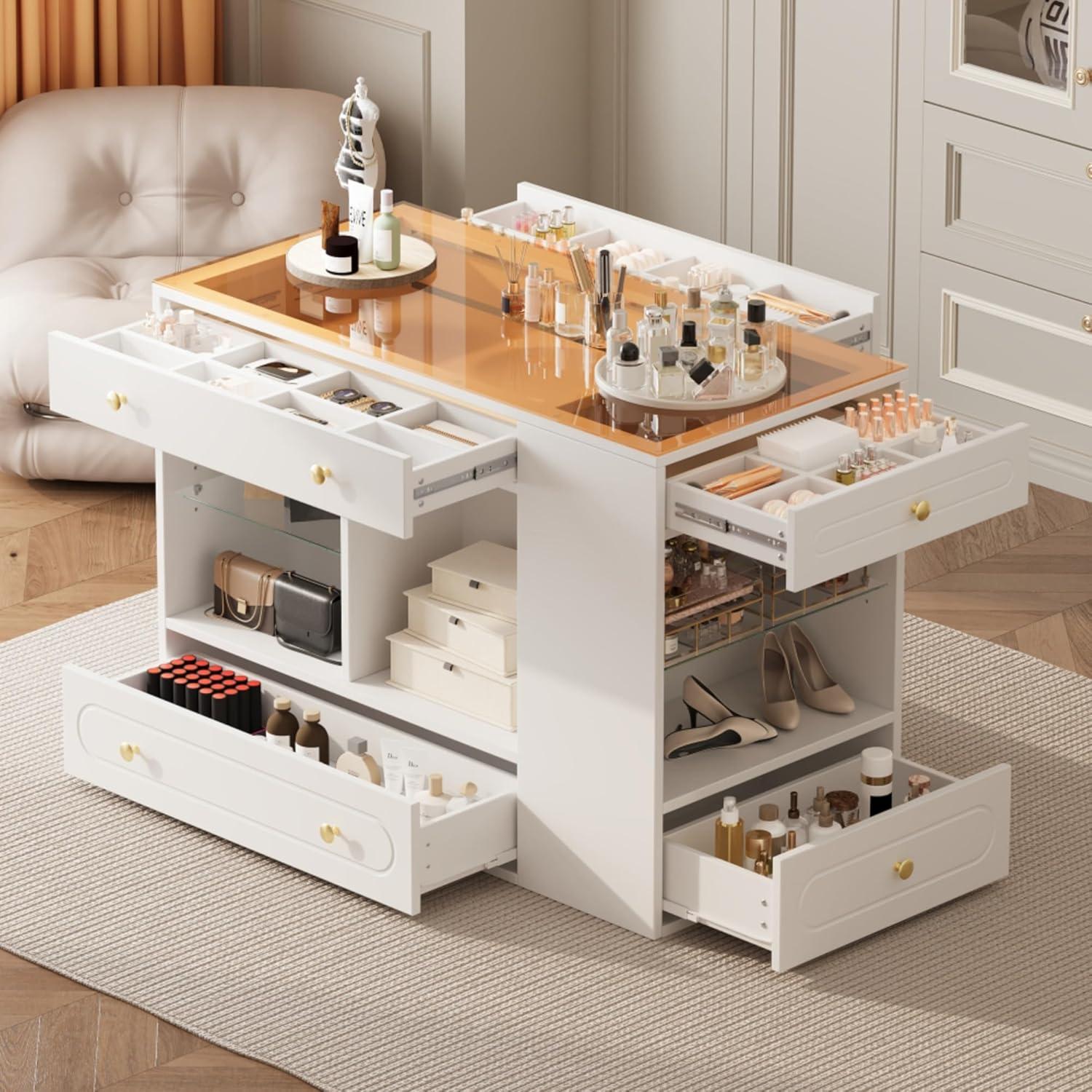 Our Review: Stylish Walk-In Closet Island with Glass Top & Storage