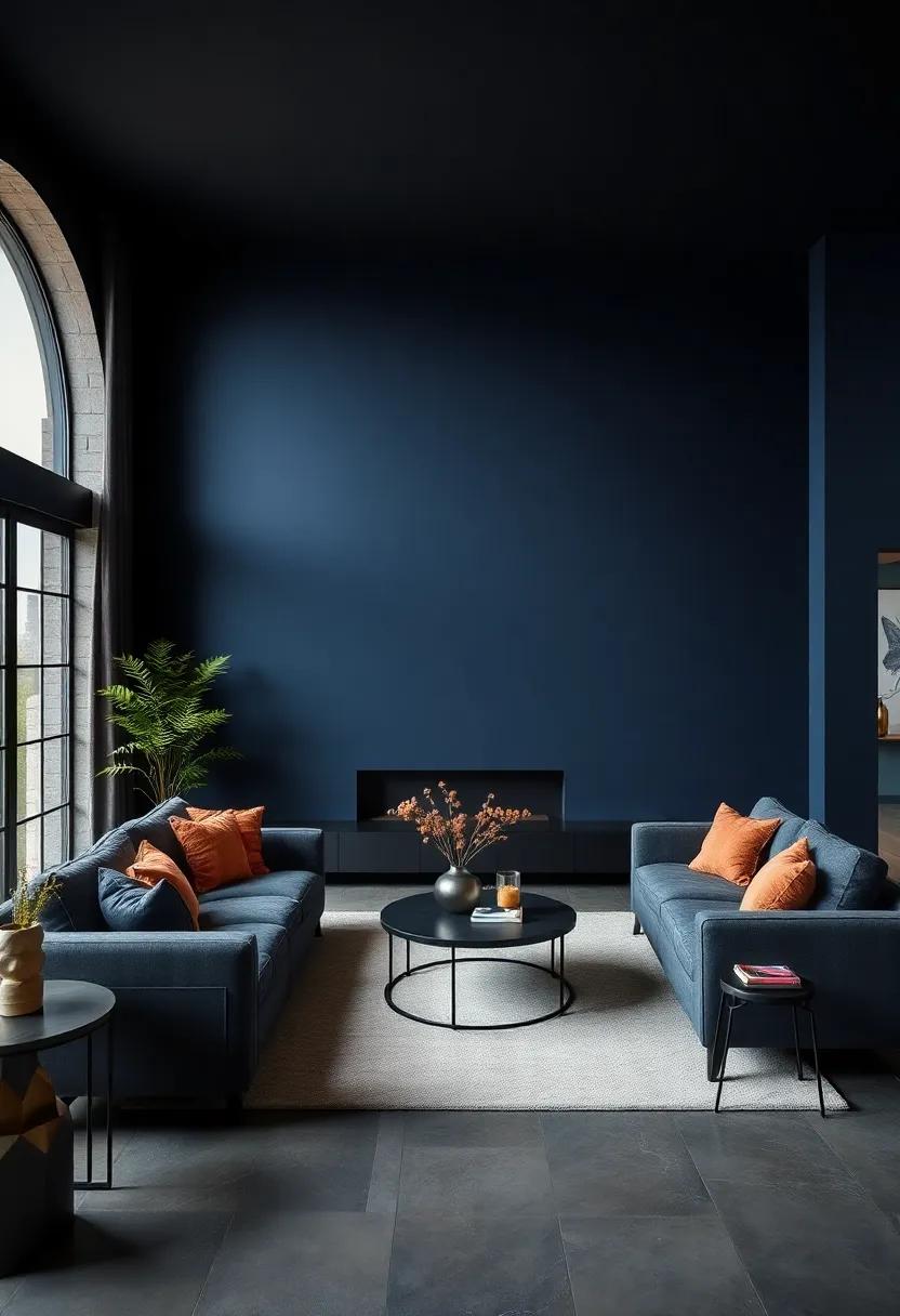 Midnight Navy Walls with Matte Black Accents for a‍ Sophisticated living Room