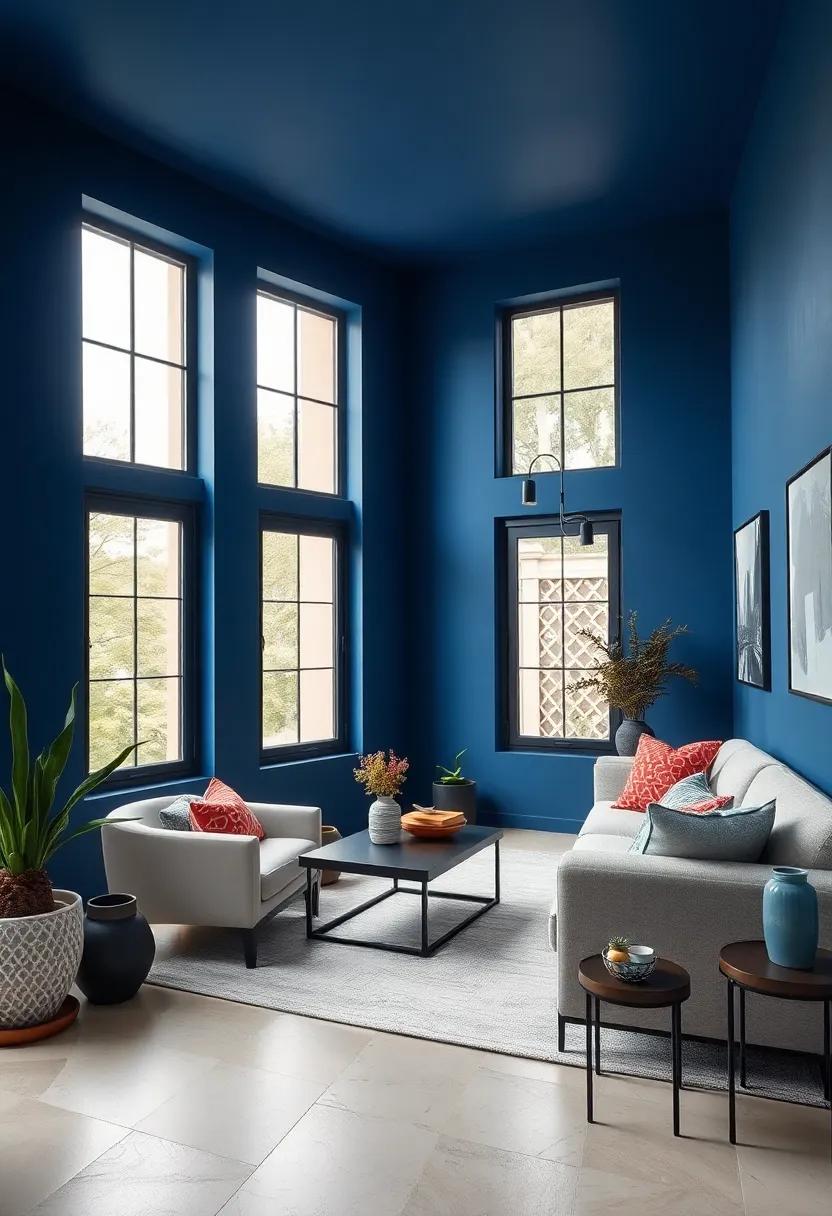 Black‌ Window Frames Set ⁣Against Deep Blue exterior Walls