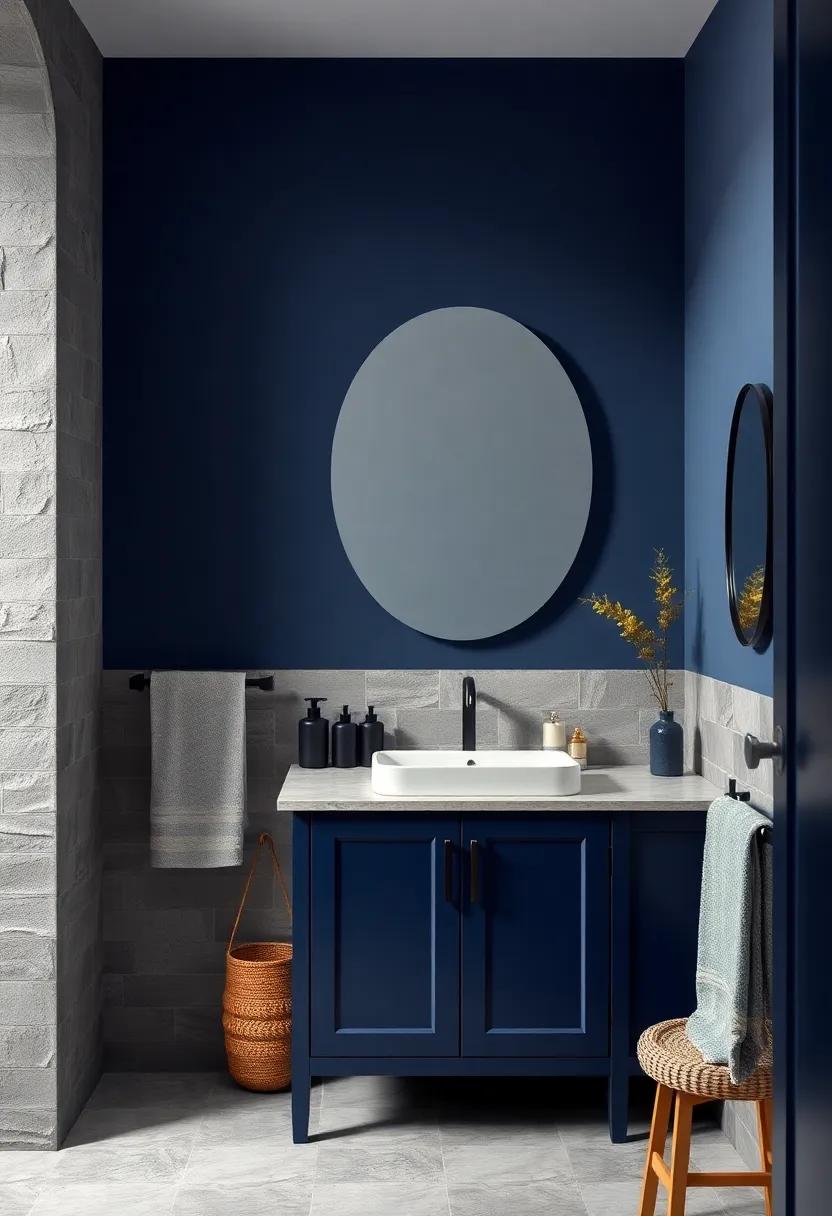 Matte Black Bathroom Accessories on Navy ​Blue Vanity for Chic Style