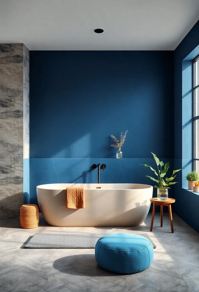 Deep Blue Bathroom Walls with Matte Black Fixtures for spa Vibes