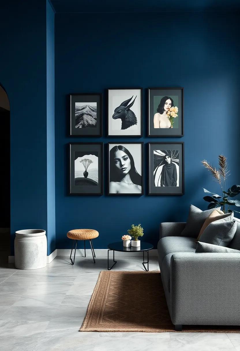 Black Picture Frames on a Navy blue Gallery ⁢Wall ​for Artistic⁣ Flair