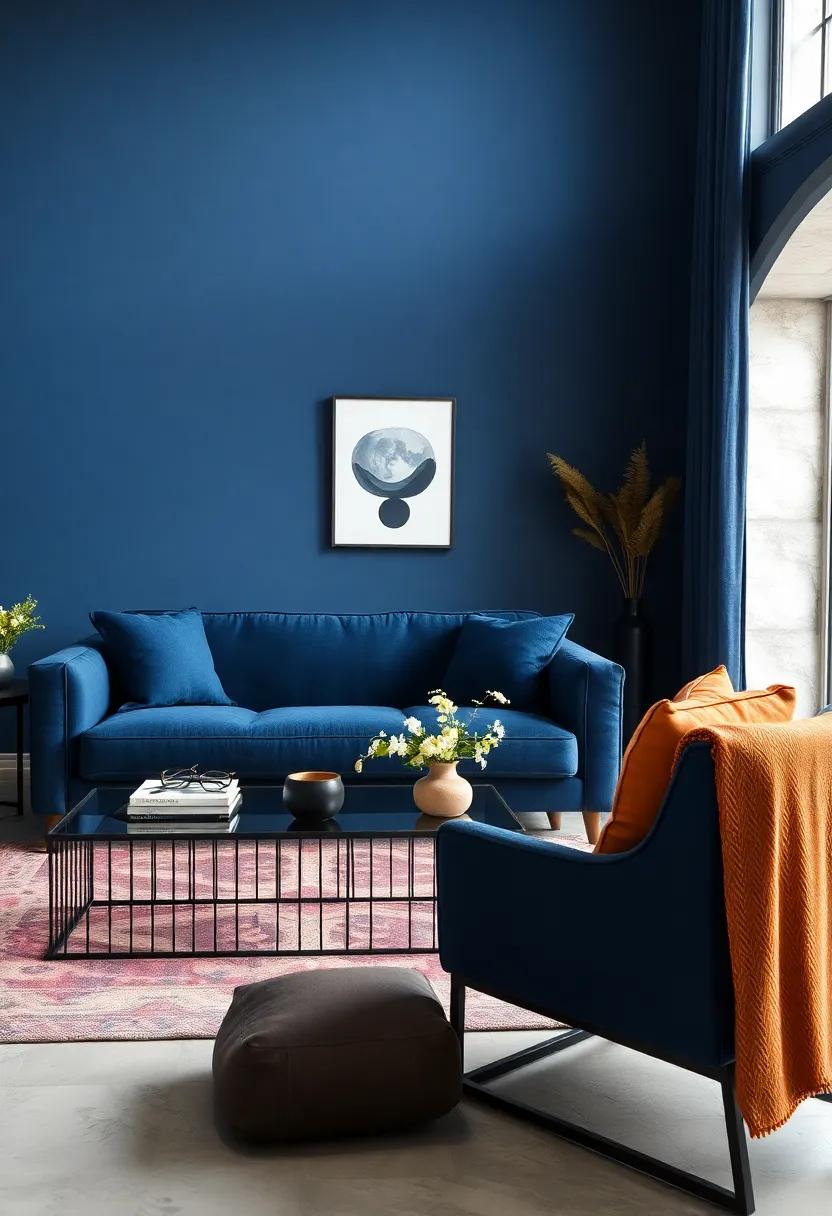 Deep Navy Upholstered Sofa⁤ paired with​ Black ⁣Metal Coffee Table