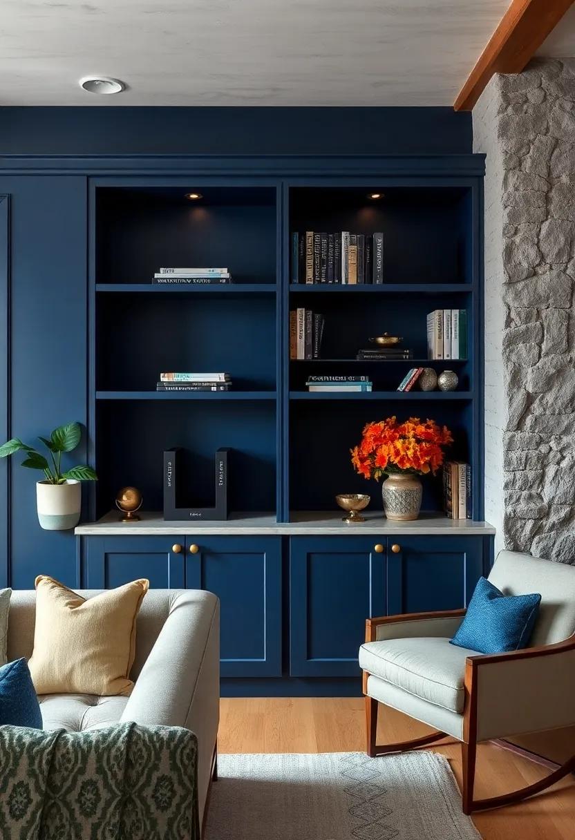 Navy blue Painted Bookshelves⁣ with Black Bookends for ⁣a Bold Nook