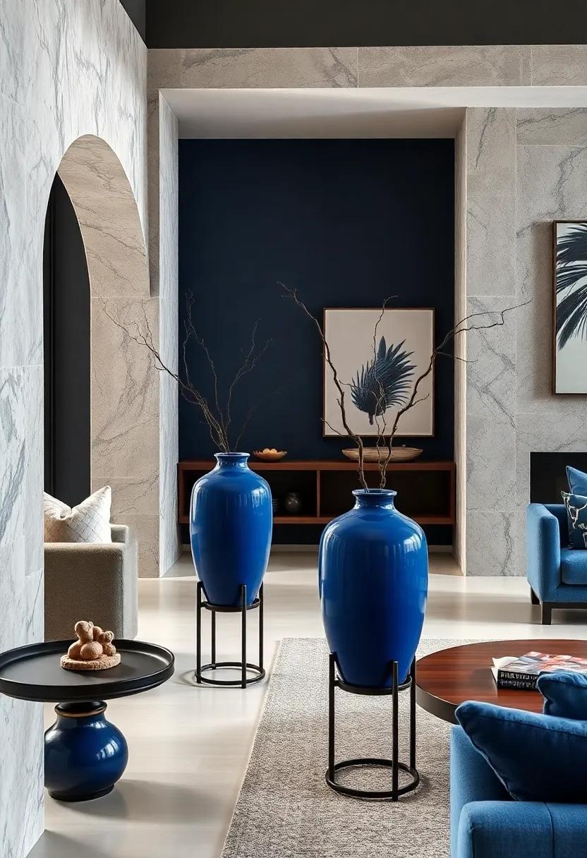 navy Blue Ceramic Vases with Black ‍Metal Stands as Statement Decor