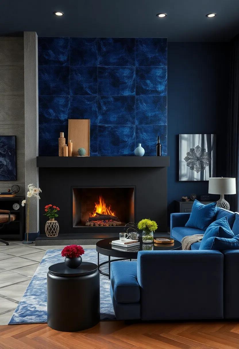 Black Fireplace ⁣Surround with Deep Blue Decorative Tiles