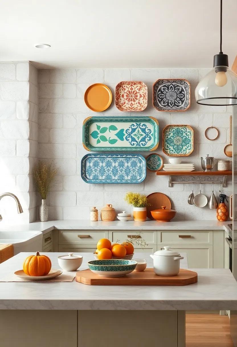 Arrange a collection of patterned serving trays on your kitchen wall as functional art