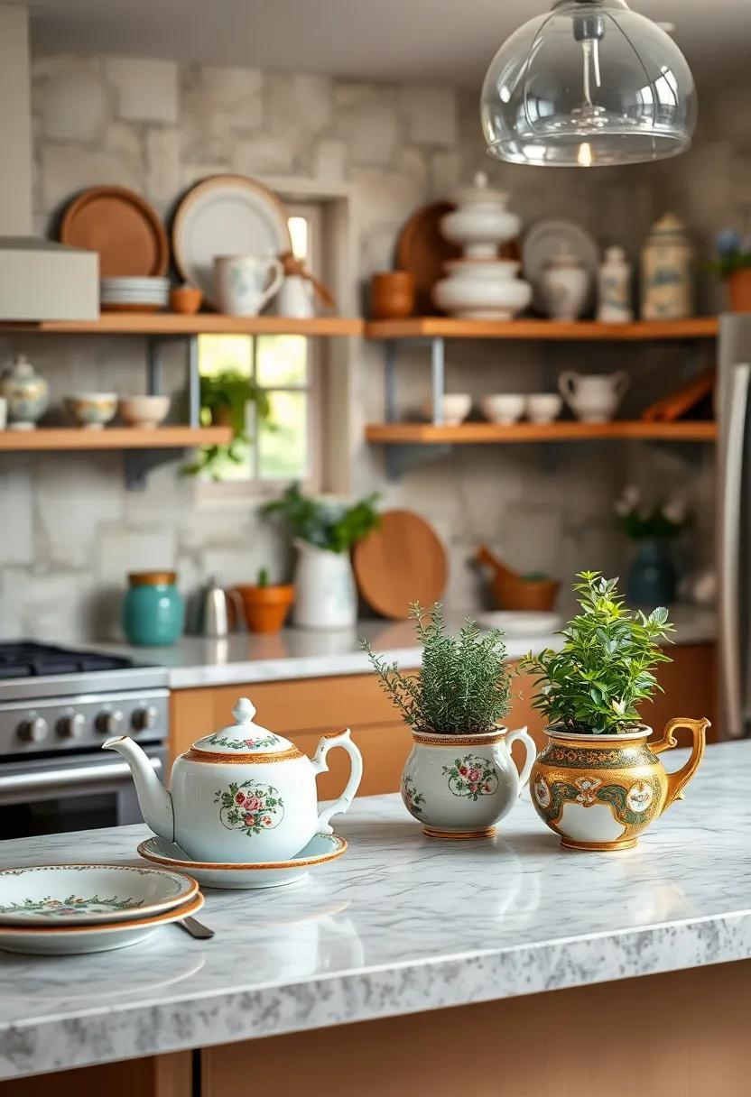 Arrange antique china teapots​ as quirky kitchen ‌planters for small herbs or succulents