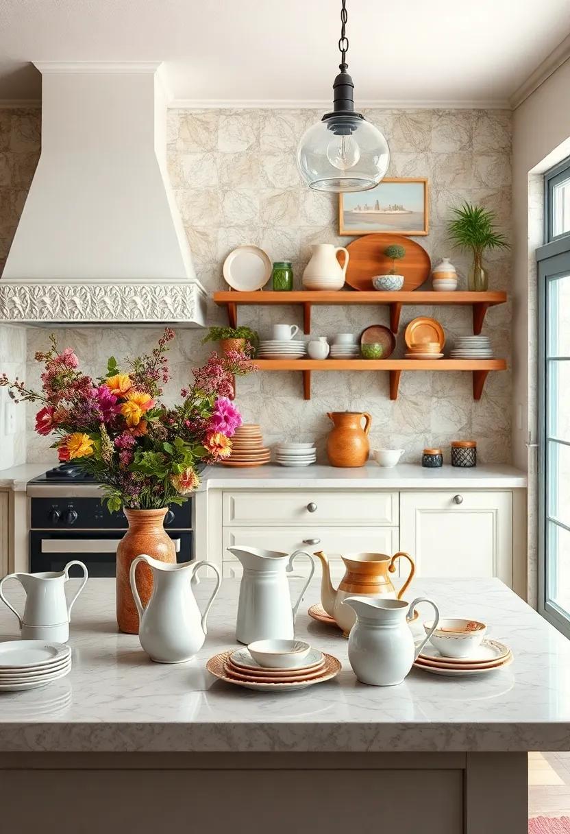 Feature an array of old-fashioned ceramic pitchers as flower holders or utensil containers