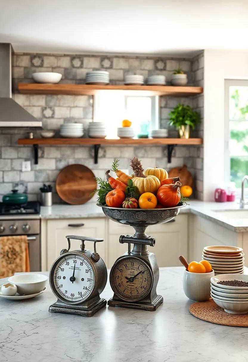 Incorporate vintage kitchen scales topped with a bowl of seasonal produce as a nostalgic centerpiece