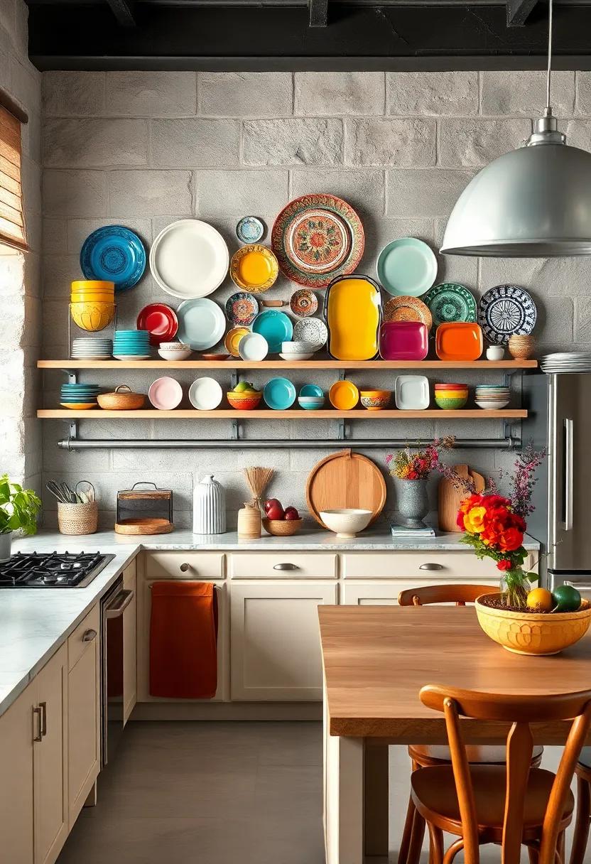 Mix and match colorful vintage plates on ‍open shelving to create a lively focal point