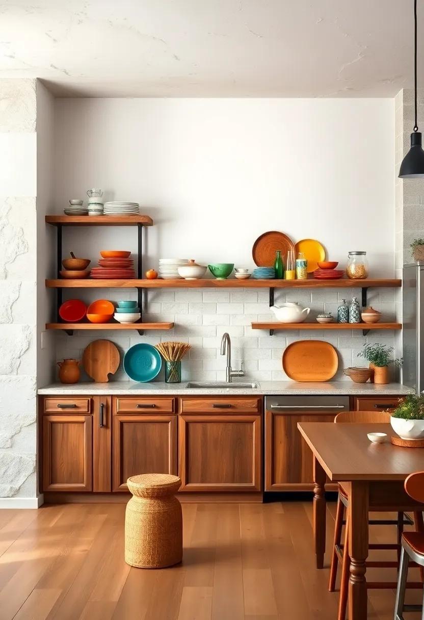 Pair rustic wooden shelves with bright vintage dishware to ​balance warmth and color