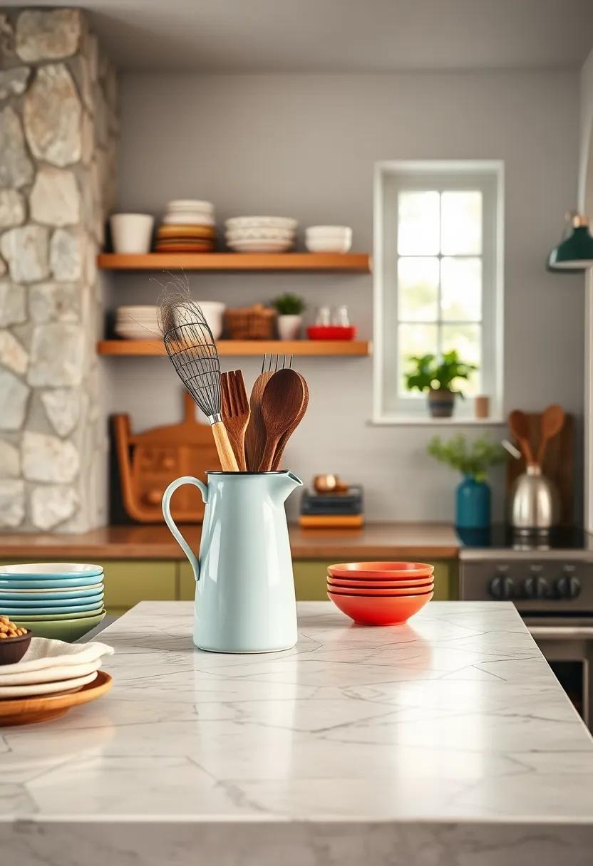 Place a retro enamelware pitcher filled with ⁤utensils on the counter for practical nostalgia