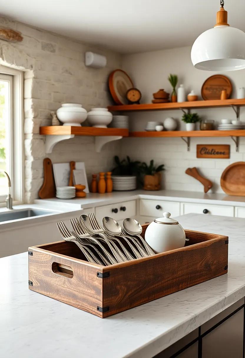 Showcase ornate silverware⁢ in a rustic wooden ⁢box to blend elegance with farmhouse charm