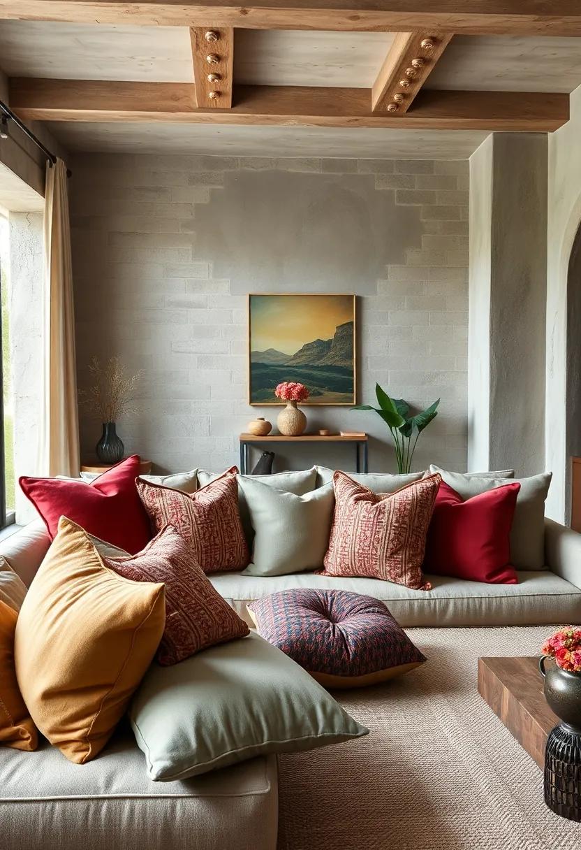 Layered Cushions in Mixed Fabrics Creating an Inviting Mix of Textures