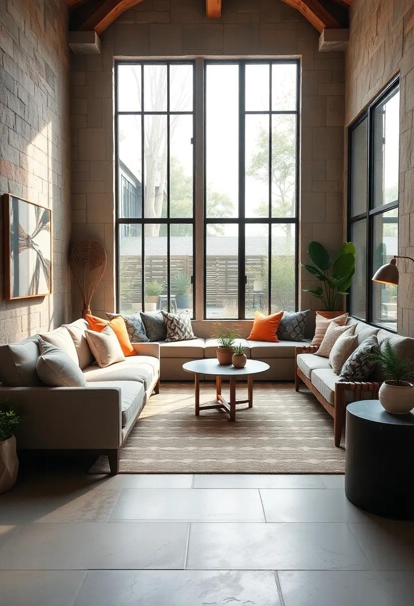 Natural Light Tall Windows Framing Cushioned Seating Areas to Embrace the Outdoors