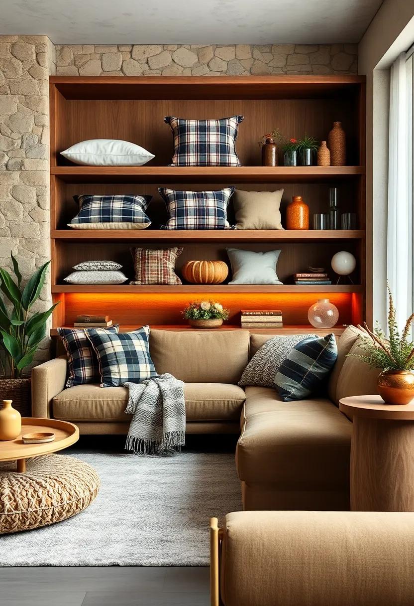 Rustic Open Shelving Displaying Cushions with Plaid and Earthy Accents