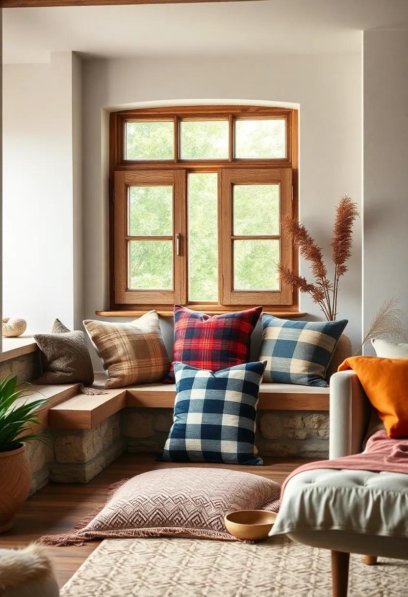 Soft Flannel Pillows Crowding a Corner Bench beneath Rustic Window Panes