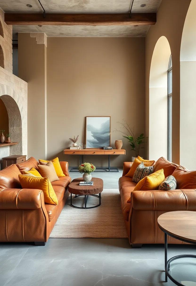 Worn Leather Sofas Brightened with Colorful, Plush Cushions for Rustic Elegance