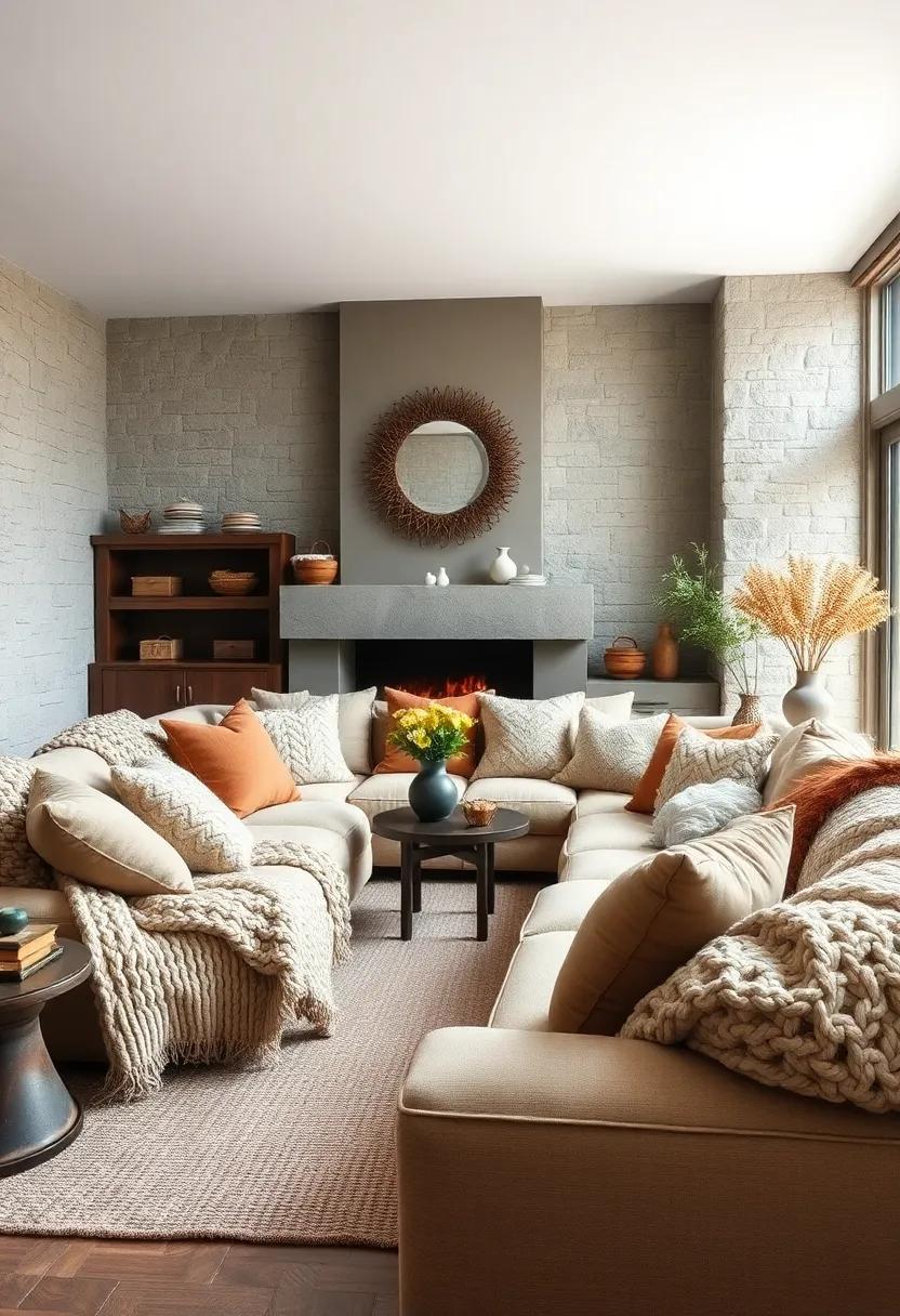 Chunky Knit Throws Layered Over Soft,Overstuffed Sofas for a Rustic Retreat