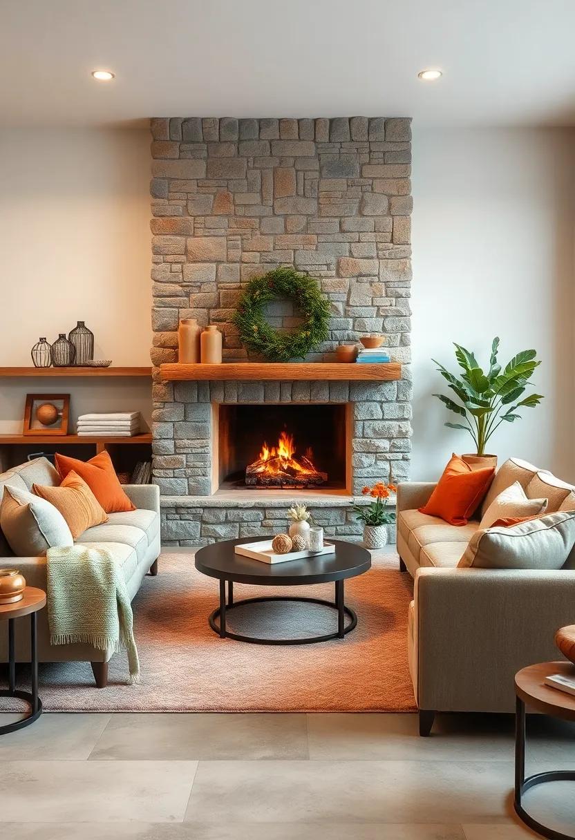 Stone Fireplace Hearth decorated with Cushions in Warm Hues and Soft Fabrics