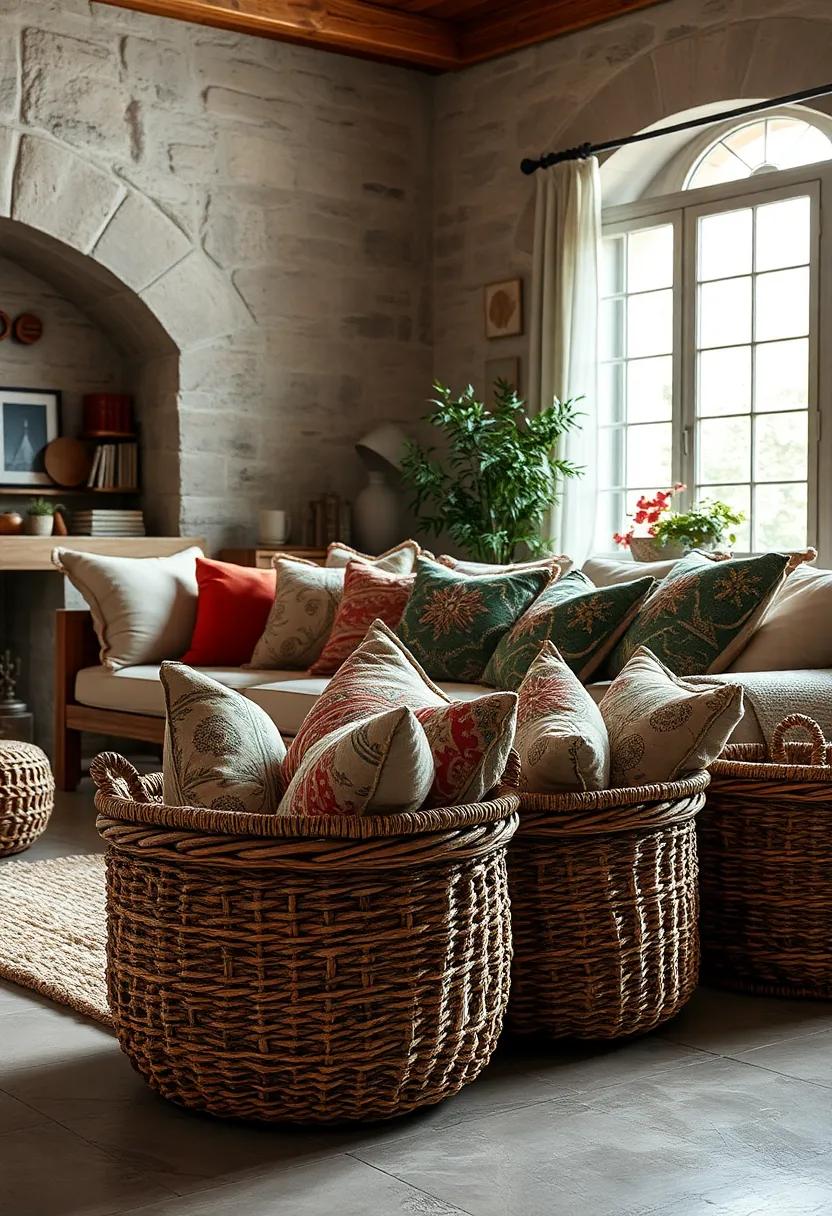 Rugged Woven Baskets Holding Extra Cushions for Easy Access and Style